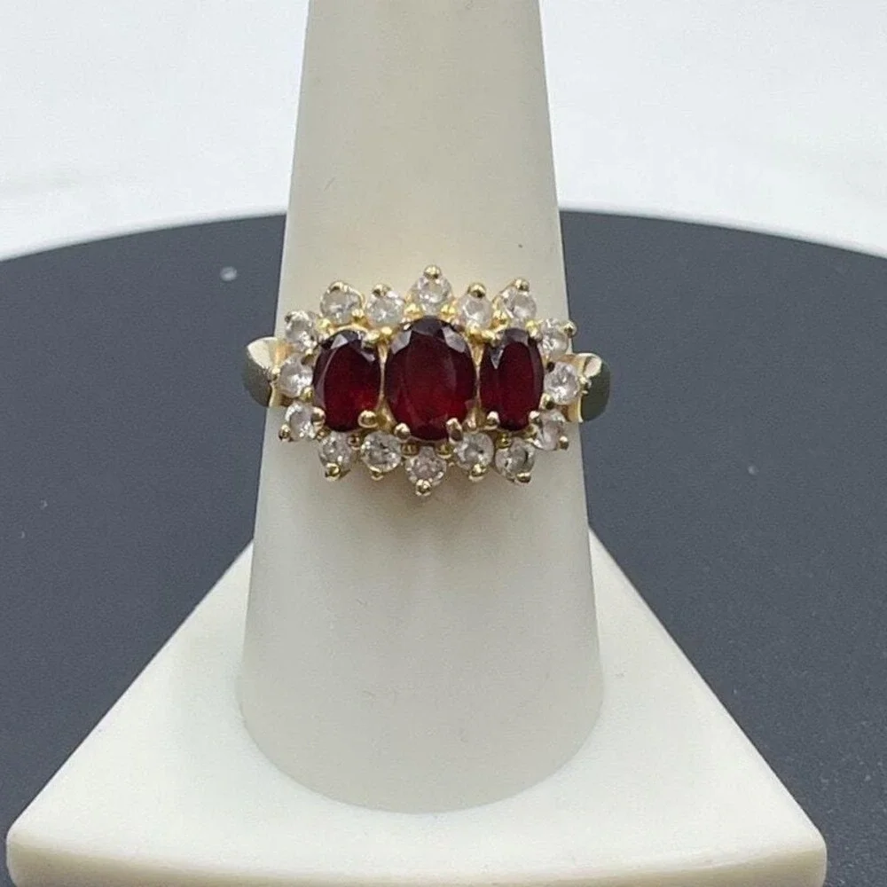 F Finecraft Vintage Vermeil Sterling  Oval Garnet Trilogy Halo CZ  Ring 9.25